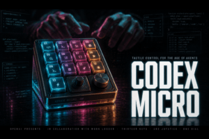 Codex Micro mechanical macropad with backlit keys, joystick, and dial; ghostly code and blurred hands in a dark, neon-lined b
