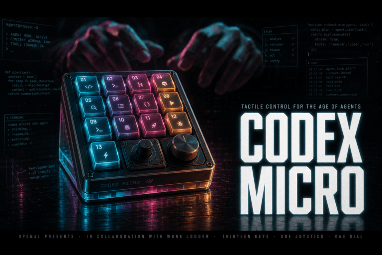 Codex Micro mechanical macropad with backlit keys, joystick, and dial; ghostly code and blurred hands in a dark, neon-lined b