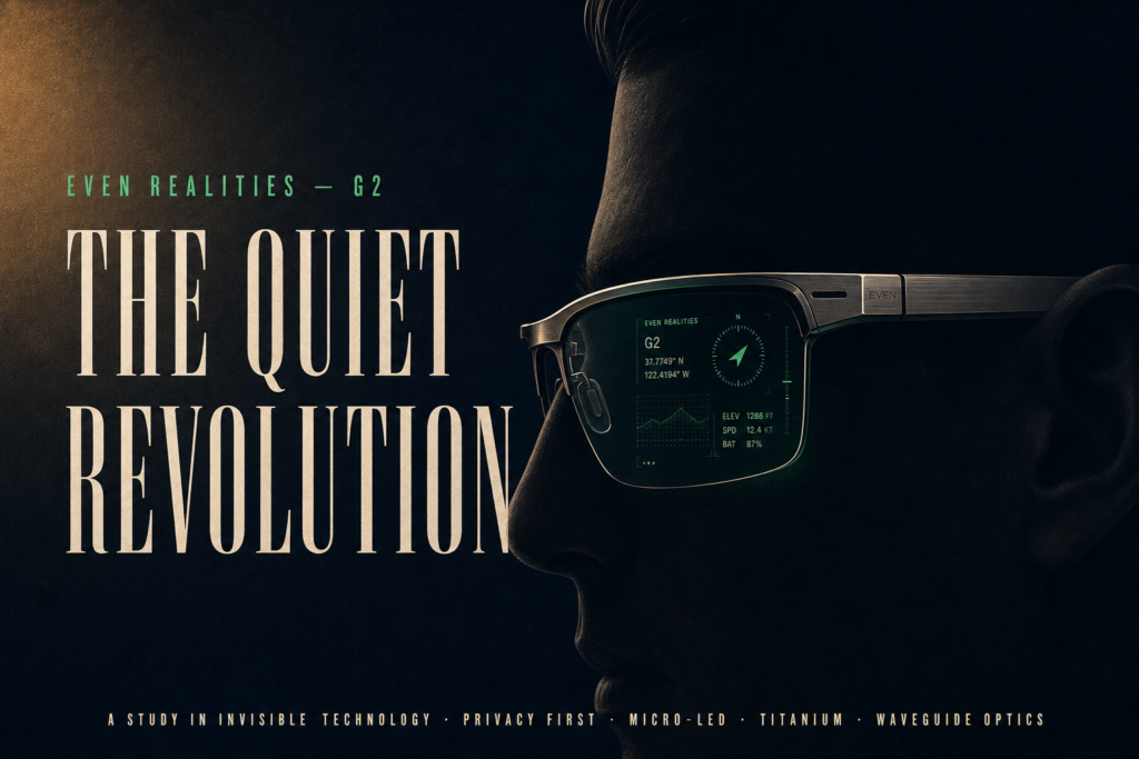 Titanium smart glasses float in shadow against dark neo-noir background, emerald HUD glowing in lenses, bold 'The Quiet Revol