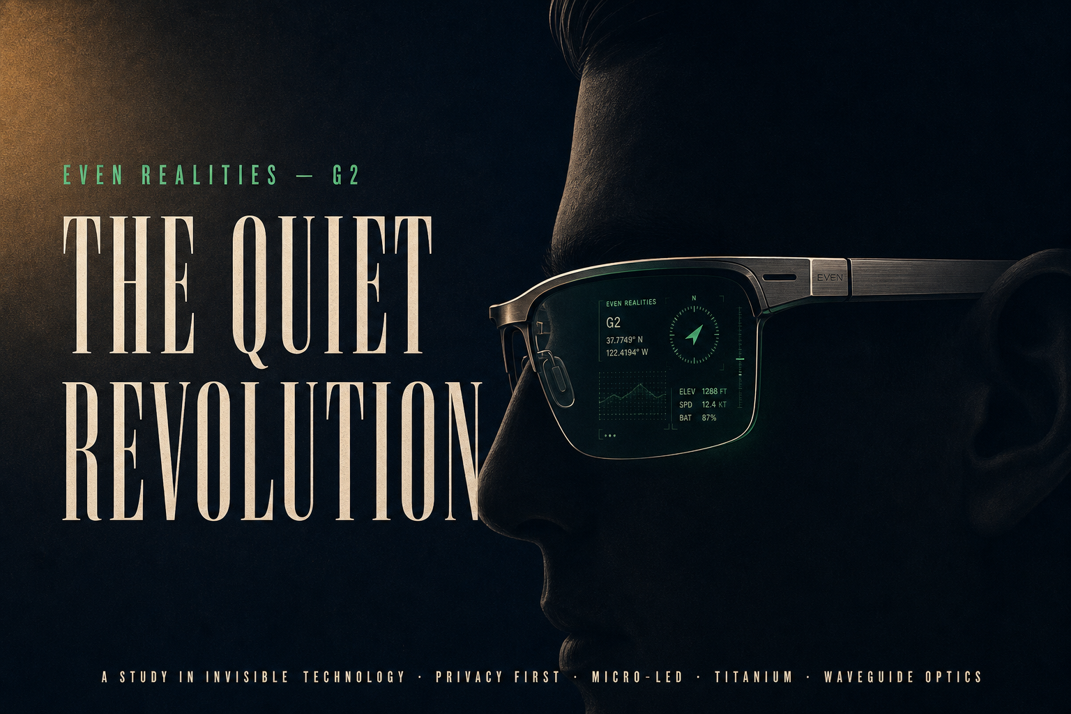 Titanium smart glasses float in shadow against dark neo-noir background, emerald HUD glowing in lenses, bold 'The Quiet Revol