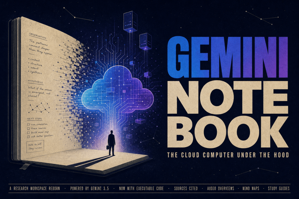 Open notebook with circuit-board pages and a glowing cloud icon, tiny researcher at base, title 'GEMINI NOTEBOOK' on right.