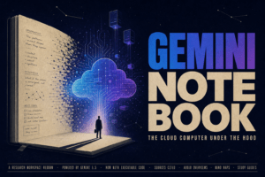 Open notebook with circuit-board pages and a glowing cloud icon, tiny researcher at base, title 'GEMINI NOTEBOOK' on right.