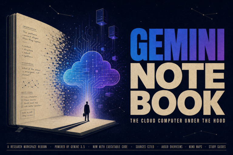 Open notebook with circuit-board pages and a glowing cloud icon, tiny researcher at base, title 'GEMINI NOTEBOOK' on right.