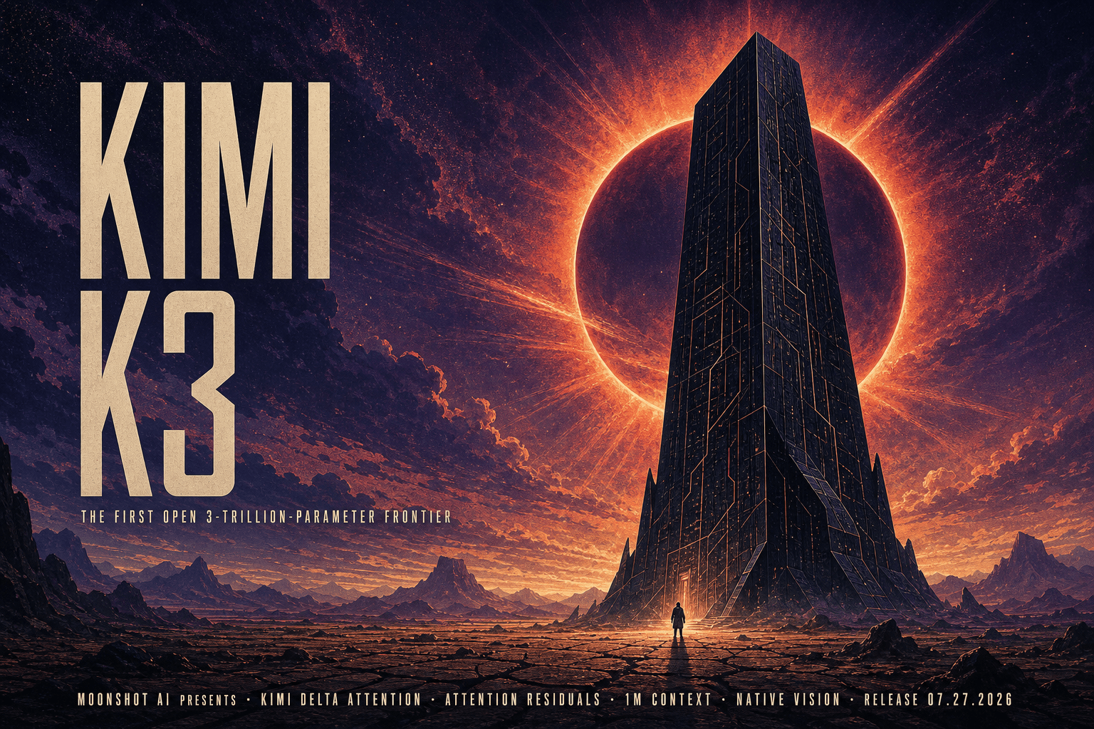 Kimi K3 is the first open 2.8-trillion-parameter model with a 1M-token context window, native vision, and frontier-level agentic coding capabilities.
