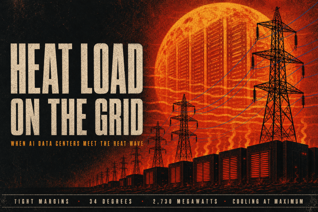 Screenprint poster: giant heat-warped sun with server-rack lines, power pylons, glowing data centers, title 'HEAT LOAD ON THE