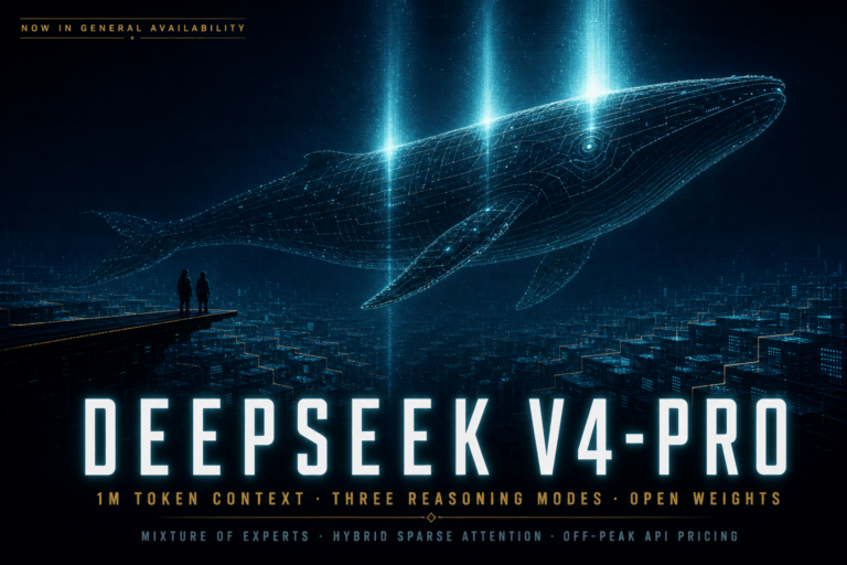 Glowing circuit-lattice whale silhouette glides above turquoise data grid beneath cyan title text reading DeepSeek V4-Pro.
