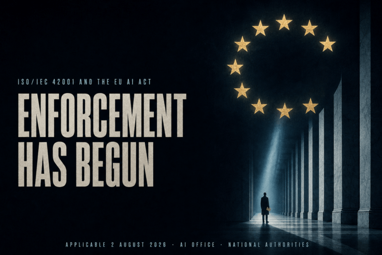 Poster with a broken ring of European stars, a marble corridor, a tiny figure with a folder, and the title 'ENFORCEMENT HAS B