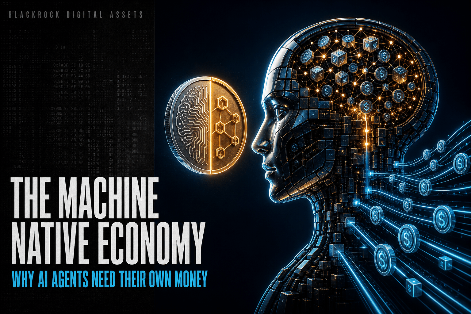 BlackRock's paper The Machine-Native Economy argues that AI agents will run on stablecoins, blockchain payment rails and tokenized compute. Here is how that stack works.