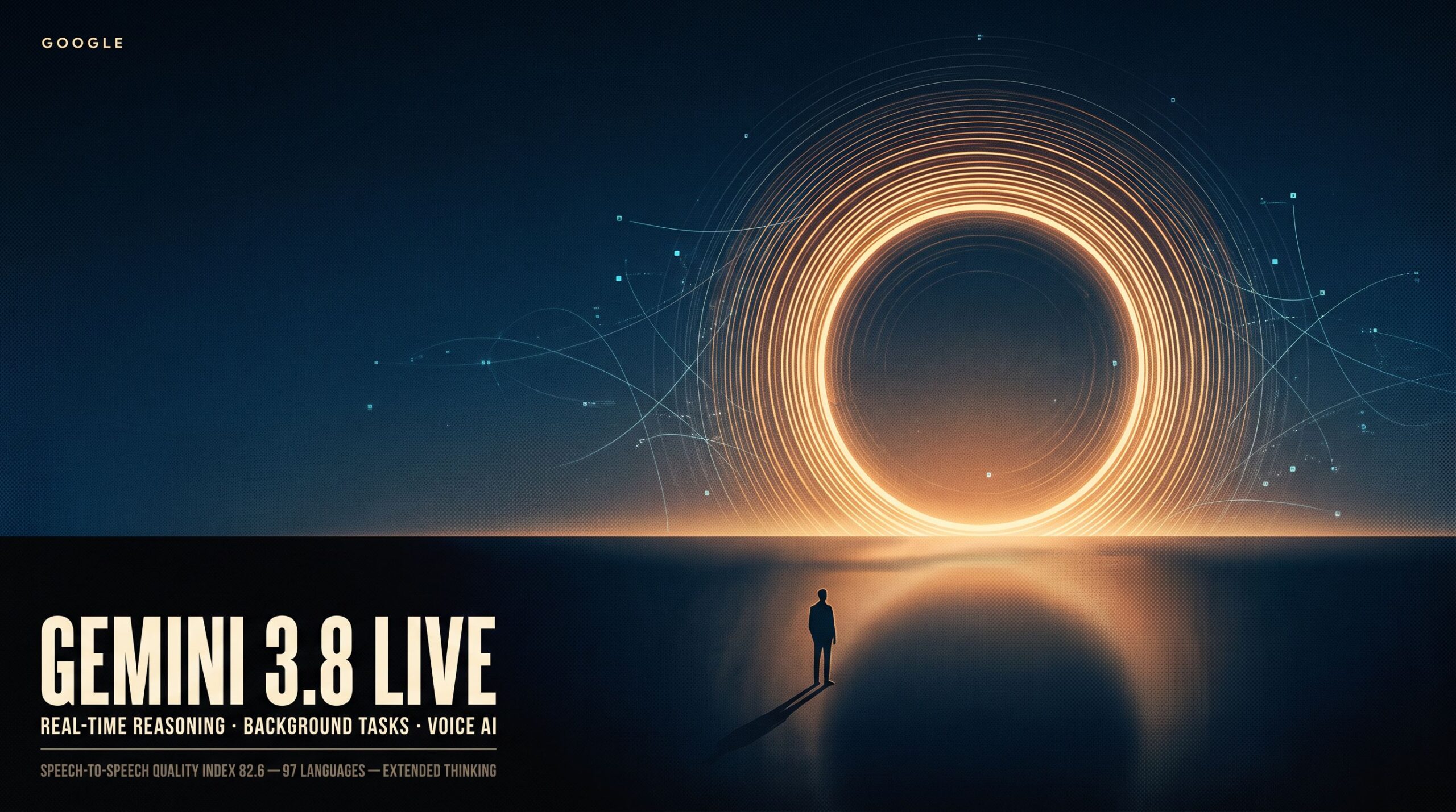 Amber concentric sound-wave rings float above a dark horizon beside a small silhouette, with cyan data threads and cream post