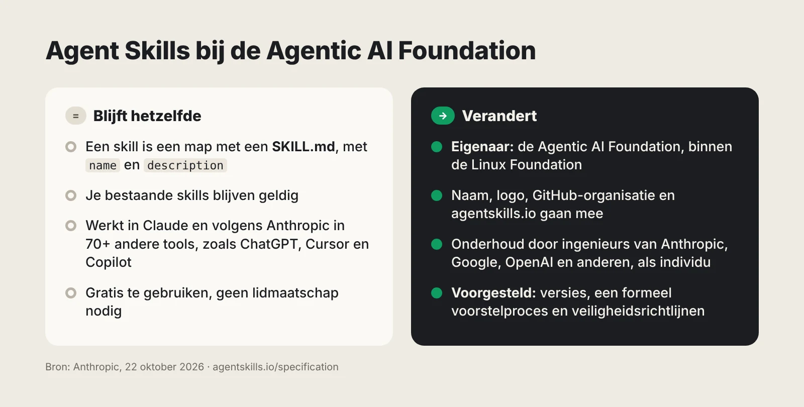 Overzicht: wat hetzelfde blijft voor je skills en wat verandert nu Agent Skills bij de Agentic AI Foundation zit