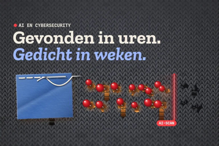 Donker breisel met gaten waar licht door valt, elk gemarkeerd met een rode speld; links zet één naald traag een jeansen lap.