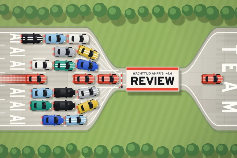 Luchtbeeld van een zandloper-snelweg: zeven AI-rijstroken vol sportwagens persen zich door één tolpoort REVIEW, de TEAM-weg erna is leeg