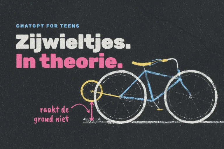 Krijttekening op asfalt: kinderfiets waarvan het zijwieltje boven de grond hangt, roze pijl: "raakt de grond niet".