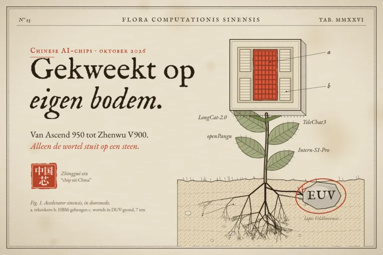 Botanische plaat van een AI-chip die als plant uit Chinese grond groeit, met een wortel die stuit op een steen met EUV erop