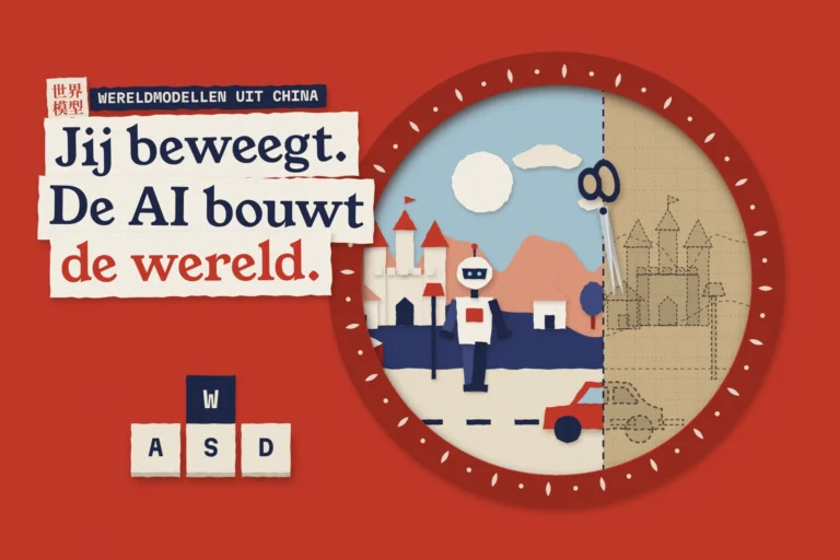 Papiercollage: rond venster in rood papier met een geknipte wereld met kasteel, robot en auto, rechts nog een potloodschets op karton waar een schaar de volgende stap knipt, naast WASD-toetsen