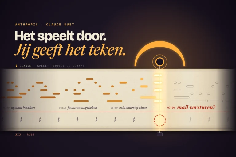 Pianolarol speelt 's nachts Claudes taken; bij 'mail versturen?' houdt een amberen fermate de rol stil tot jij tekent.