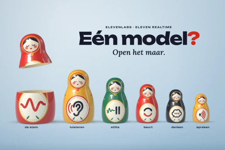 Matroesjka die opengaat: uit de rode pop 'de stem' komen vijf poppen voor luisteren, stilte, beurt, denken en spreken