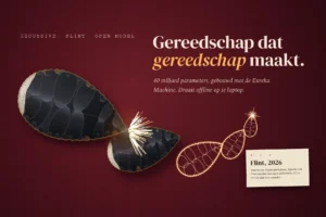 Vuistbijl van vuursteen slaat vonken uit een kleinere vuistbijl; de vonken tekenen drie kleinere kopieën in gloeiend licht