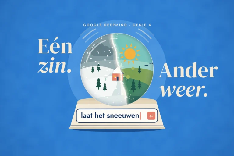 Sneeuwbol met een huisje: links sneeuwt het al, rechts schijnt nog de zon. Op de voet is getypt: laat het sneeuwen.