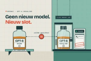 Twee identieke flessen GPT-6 Astra en GPT-6 Rosalind, één vrij op een schap en één achter slot, met de kop Geen nieuw model. Nieuw slot.