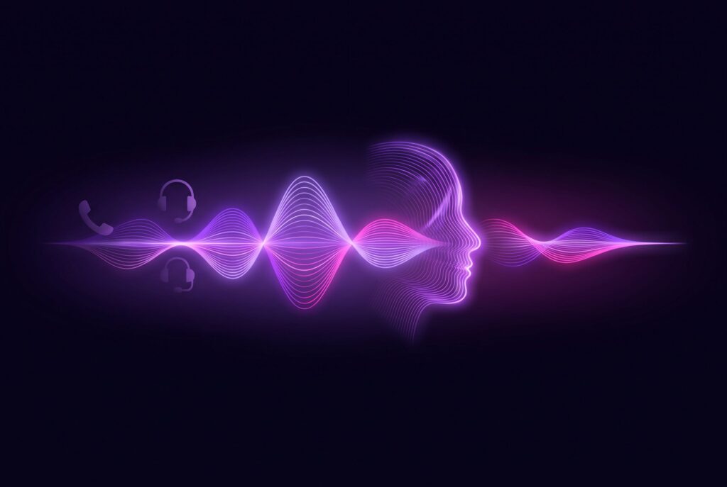 Paarse geluidsgolf die overgaat in een gezicht van licht, symbool voor het spraakmodel Grok Voice 3.0
