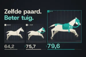 Drie chronofoto's van hetzelfde witte paard in galop: het teal tuig groeit en de score stijgt van 64,2 naar 79,6.