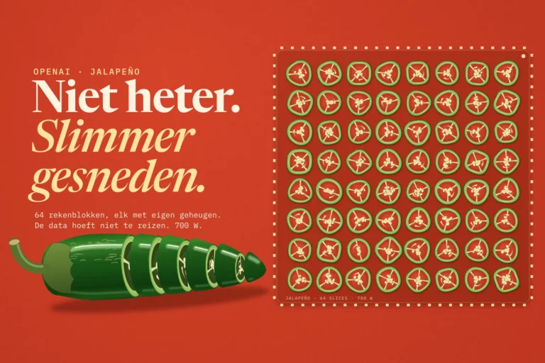 Een glanzende jalapeño in plakjes naast 64 pepersneden op een chipplaat, met de tekst Niet heter. Slimmer gesneden.