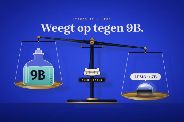 Weegschaal waarop een piepkleine druppel vloeibaar metaal (LFM3 · 1.7B) zwaarder weegt dan een grote fles met 9B.