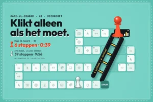 Ganzenbord met 39 klikvakjes: een rode pion neemt een zwarte terminal-ladder van start naar het eindvak, een grijze pion loopt het hele bord