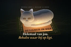 Dikke grijze kat ligt op een warme, gloeiende computerchip met de opdruk 'Designed in USA' en kijkt sceptisch op