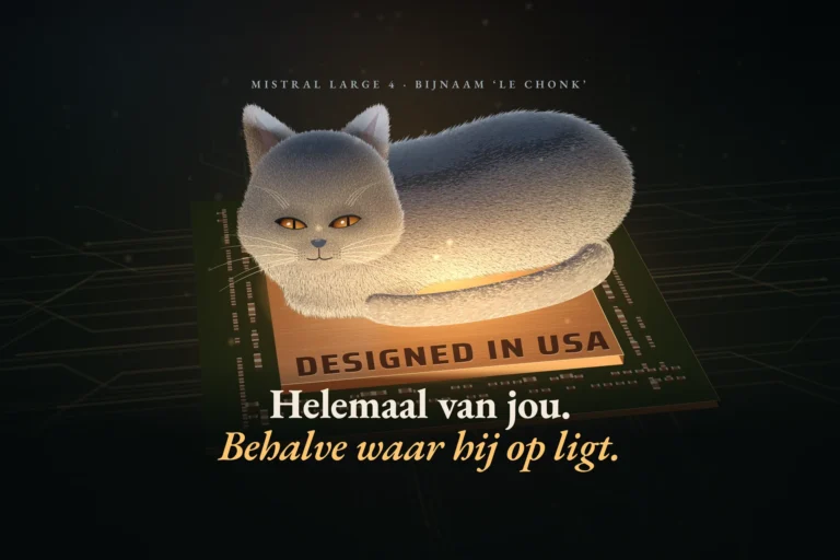 Dikke grijze kat ligt op een warme, gloeiende computerchip met de opdruk 'Designed in USA' en kijkt sceptisch op
