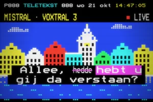 Teletekstpagina 888 met Vlaamse gevels en live-ondertitel "Allee, hedde gij da verstaan?": AI streept hedde door