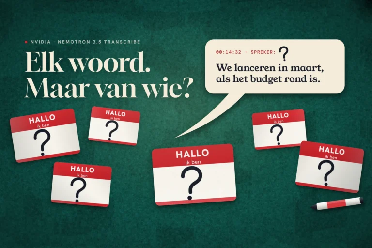 Zes lege naamstickers met een groot vraagteken op groen vilt onder een tekstballon met een perfect uitgeschreven Nederlandse zin
