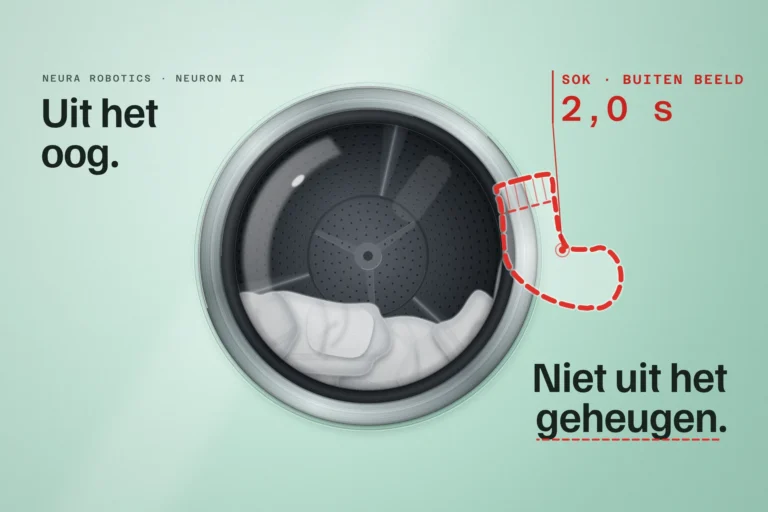 Mintgroene wasmachine met grote patrijspoort, een rode sok buiten beeld als gestippelde omtrek en de kop Uit het oog. Niet uit het geheugen.