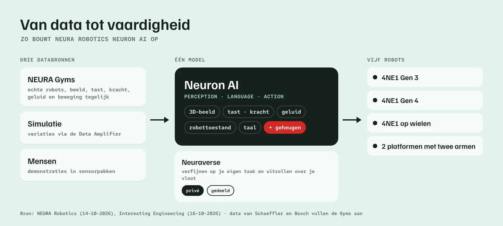Schema: drie databronnen voeden Neuron AI, dat via Neuraverse vaardigheden naar vijf NEURA-robots stuurt, met private of gedeelde skills