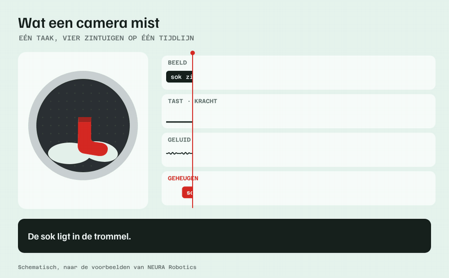 Animatie: een sok verdwijnt achter een gesloten wasmachinedeur, de camera verliest hem, het geheugen houdt zijn plaats bij en een klik bevestigt dat de deur dicht is