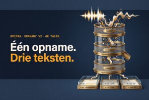 Koperen en glazen laboratoriumzeef die een ruwe spraakgolf filtert in drie tekstlades: tn_raw, itn_raw en itn_clean