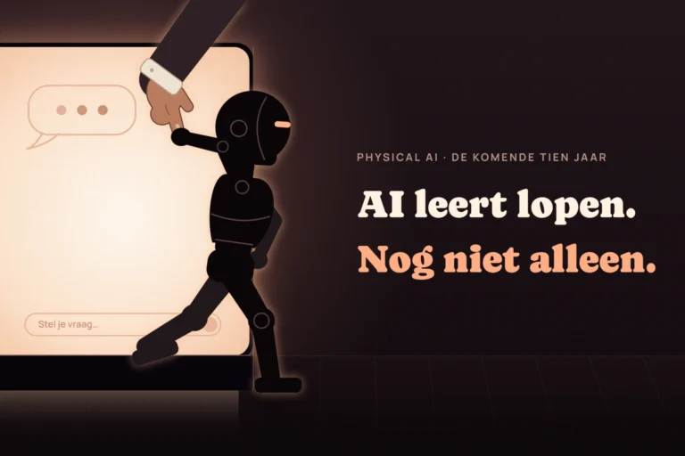 Een kleine robot stapt wankel uit een chatscherm de echte wereld in en houdt de vinger van een mens vast.