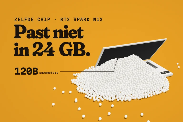 Witte laptop op saffraangeel die overloopt van een berg witte parels, label 120B parameters, kop Past niet in 24 GB.