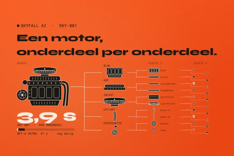 Oranje poster: een getekende motor valt uiteen in een boom van onderdelen, met 3,9 s per onderdeel tegenover GPT-6 Astra
