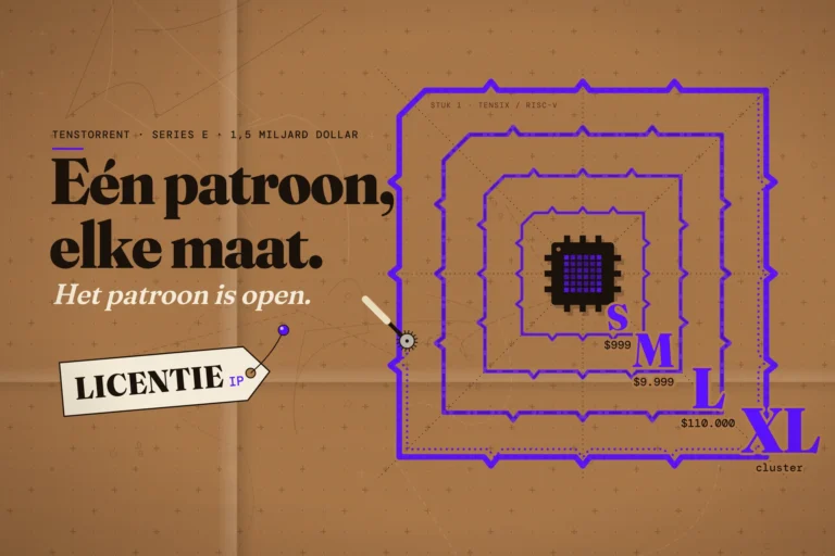 Naaipatroon op bruin kraftpapier: één chip met violette knippatroonlijnen in de maten S, M, L en XL. Kop: Eén patroon, elke maat.