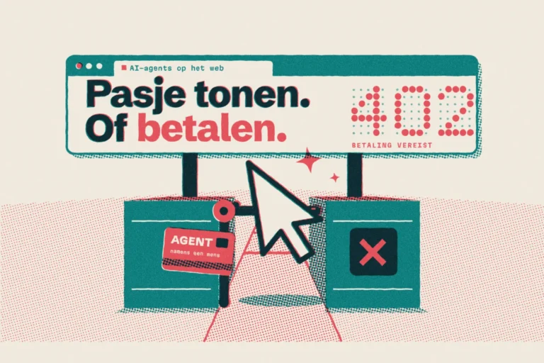 Muiscursor van een AI-agent botst op een poortje onder een browserscherm met 402, met een pasje 'agent, namens een mens'.