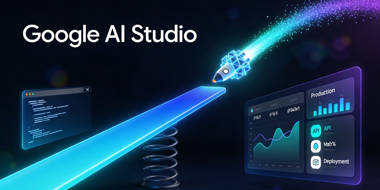 Wide 16:9 digital illustration with a dark navy (#0a0e1a) background. A sleek glowing springboard angled upward dominates the center of the composition, rendered in electric blue and cyan gradients. On the left side of the springboard, a minimalist terminal/chat prompt interface glows softly — showing a cursor and abstract code lines in pale blue-white, representing experimentation. Launching off the right tip of the springboard is a luminous rocket or geometric data cluster soaring upward-right, trailing a bright gradient arc of cyan and purple particles. On the far right, a clean floating production dashboard panel shows abstract graphs, API metrics, and deployment icons in vibrant teal and white. The overall color palette is deep navy, electric blue, cyan, and violet with subtle lens-flare glow effects. Bold white sans-serif text reads "Google AI Studio" near the top-left in a clean modern typeface. The scene has a polished, futuristic flat-3D tech illustration style — professional, bold, and visually dynamic, optimized for a wide landscape blog cover.
