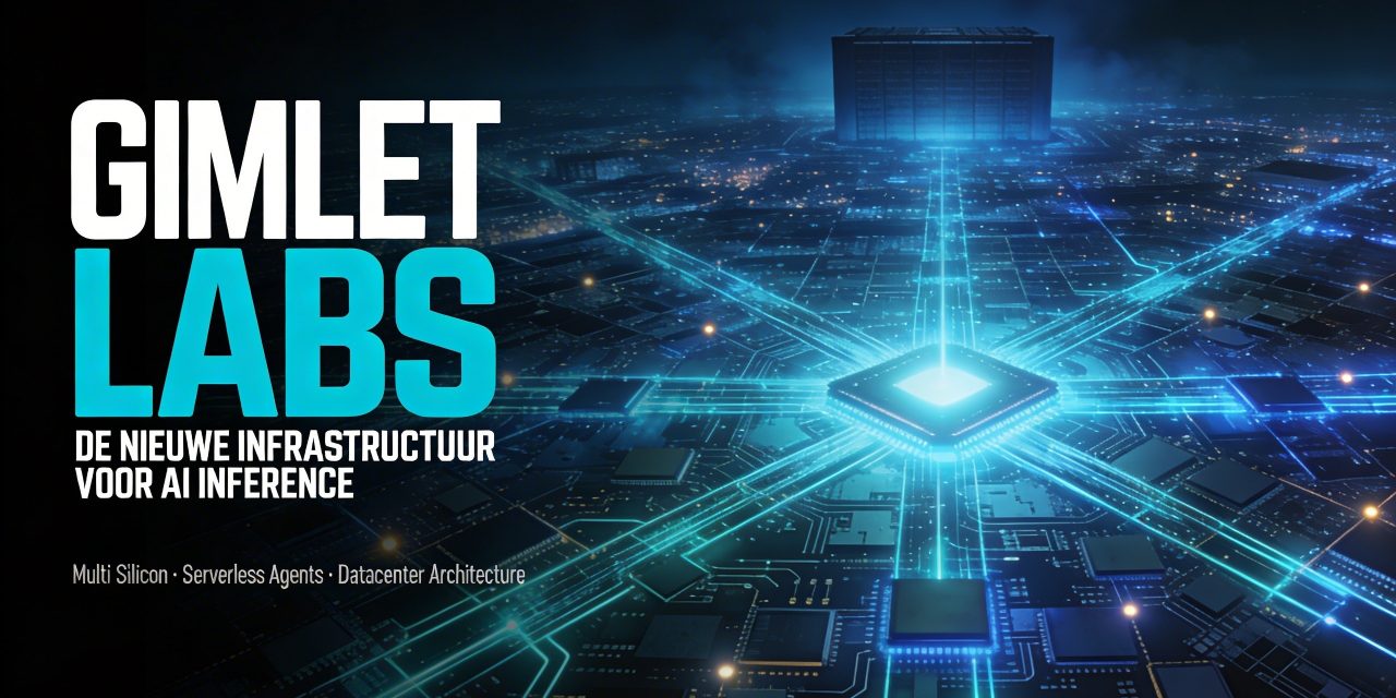 A highly stylized 16:9 horizontal film cover in the vein of Laurent Durieux and Olly Moss — cerebral, geometric, near-future science fiction aesthetic. Deep black background fading into dark navy blue. The central and right portion of the image features a breathtaking bird's-eye view of a vast silicon wafer or circuit board rendered as a glowing city grid — precise geometric pathways of electric cyan and cobalt blue light radiate outward symmetrically from a central luminous node, resembling both a microchip architecture and a sprawling metropolis seen from above at night. The light lines pulse faintly, suggesting neural networks and data flow, with small bright nodes at intersections like city lights. A faint monolithic rectangular structure — a datacenter — looms in the deep background center, backlit with cold blue atmospheric haze, evoking a temple of computation. On the left third of the image, bold stacked typography: the word "GIMLET" in large, tight, all-caps geometric sans-serif (Eurostile-style), stark white, followed directly below by "LABS" in the same massive font but rendered in electric cyan — together forming the dominant title block. Directly beneath in clean, widely letter-spaced small white type: "DE NIEUWE INFRASTRUCTUUR VOOR AI INFERENCE". Along the very bottom of the entire image, a thin strip of small mock-credit text in pale gray reads: "Multi Silicon · Serverless Agents · Datacenter Architecture" styled as a film credit line. The overall mood is cold, precise, intelligent, and quietly ominous — the beauty of invisible systems that control everything. Minimal, iconic, cinematic.