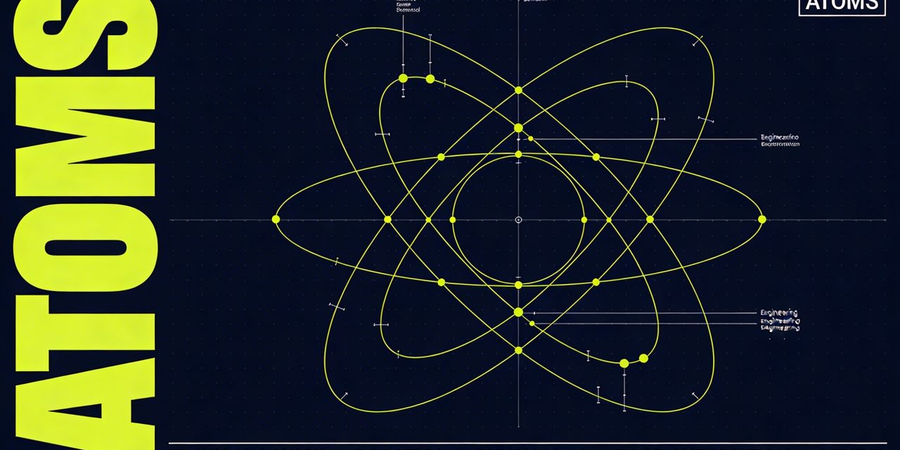 A high-end horizontal 16:9 graphic design poster cover with a deep near-black navy blue background (#0A0F1E), featuring a bold Swiss-modernist industrial poster aesthetic with scientific diagram precision. On the far left, the word "ATOMS" is set in an ultra-condensed, ultra-heavy grotesque sans-serif typeface, stacked in an extremely large size, spanning almost the full height of the composition in bright acid yellow — functioning as both dominant typographic anchor and structural design pillar. To the right of the text, centered slightly right-of-middle in the composition, a precise technical diagram of an atomic orbital structure: multiple overlapping elliptical rings at varying angles rendered as razor-thin acid yellow lines, resembling a 3D atomic model or mechanical orrery, with small circular dots marking key intersection points — suggesting both molecular structure and mechanical precision simultaneously. The diagram is large, clean, and scientifically exact, like a blueprint from an advanced research institute. A barely visible fine grid overlay covers the entire background. Thin horizontal white rules at the bottom third of the composition separate a line of small, tight uppercase white sans-serif metadata labels reading: "TRAVIS KALANICK — ROBOTICS — PHYSICAL AI — FOOD AUTOMATION — MINING" — set like engineering diagram annotations. A very small label in the upper-right corner reads "ATOMS" in minimal white monospaced type, framed in a thin white rectangle like a schematic label. The overall palette is deep navy, acid yellow, and white only — cold, precise, ambitious, and commanding. Fine grain texture over the entire surface gives it an offset-print quality. The composition reads as an exhibition poster for a scientific institution merged with a cutting-edge technology startup announcement: authoritative, striking, and conceptually sharp at both full size and thumbnail scale.