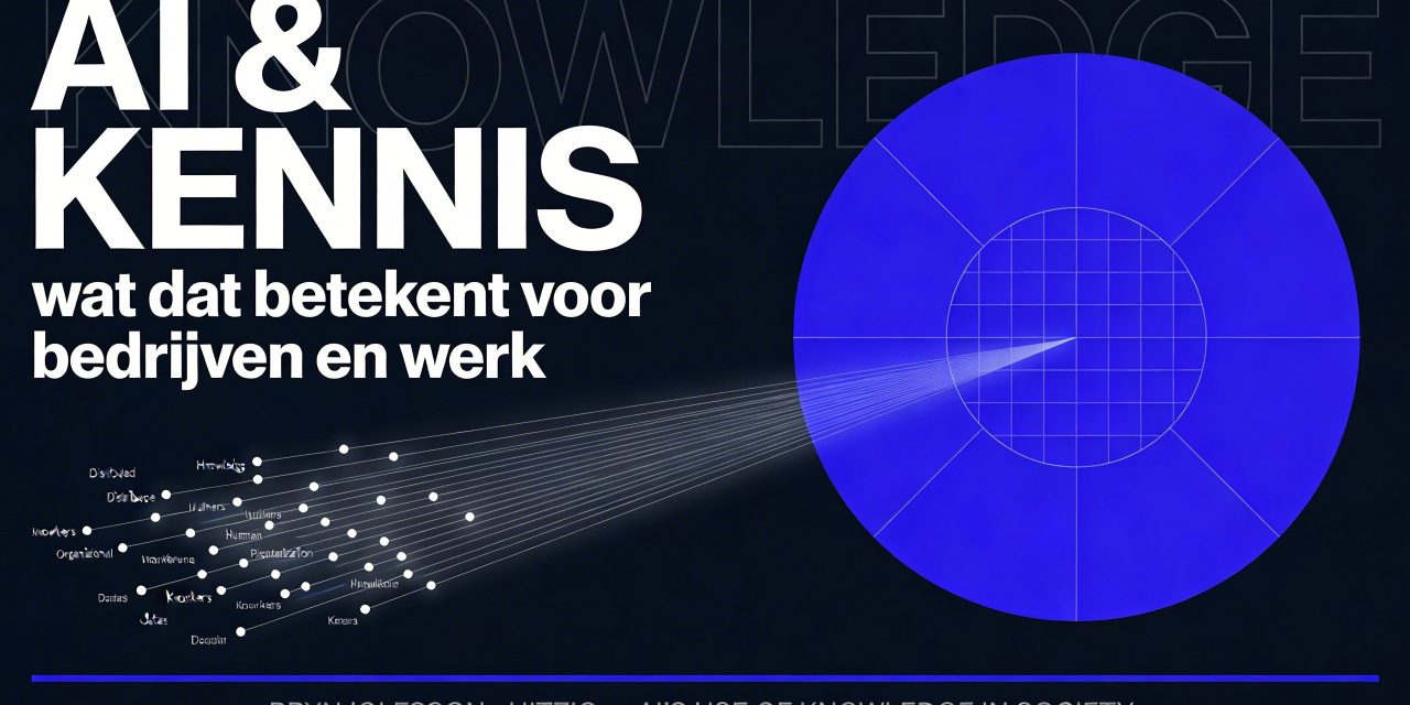 A horizontal 16:9 graphic design poster cover with a near-black deep navy background (#070C1A). The central visual concept is a convergence diagram: on the far left, a scattered field of dozens of tiny white dots and ultra-small text fragments — representing distributed human knowledge, workers, expertise, and organizational data — all connected by thin hairline rules that flow and converge from left to right across the composition, pulling inward toward a single dominant geometric circle positioned slightly right of center. This large circle (approximately 40% of the image height in diameter) glows with an electric cobalt blue (#0057FF) fill and contains a subtle internal grid of fine lines, symbolizing centralized AI intelligence. The convergence lines are precise and elegant, rendered in soft white at very low opacity, creating a sense of systematic flow and gravitational pull. Above the diagram, occupying the upper-left to center-upper portion, is the oversized title in a ultra-bold condensed grotesk typeface in clean white, set in two stacked lines: "AI & KENNIS" in massive weight, and below it in a medium-weight condensed grotesk, smaller but still prominent, the subtitle in white: "wat dat betekent voor bedrijven en werk." A ghosted oversized word "KNOWLEDGE" sits behind the composition in extreme scale, very low opacity white, adding typographic texture and depth. At the very bottom of the image, a thin horizontal rule in cobalt blue spans nearly the full width, and below it, in ultra-small spaced caps in muted light gray, reads: "BRYNJOLFSSON · HITZIG — AI'S USE OF KNOWLEDGE IN SOCIETY." The overall composition reads left-to-right as distributed fragmentation converging into singular centralized intelligence. The design language is Swiss modernist grid-based information design meeting contemporary editorial poster aesthetics — precise, intellectual, technically elegant. A subtle offset-print paper grain texture overlays the entire surface, giving the image materiality and elevated print-design quality. The final result feels like a world-class academic symposium poster or a design magazine cover — concept-driven, typographically bold, and compositionally intelligent.