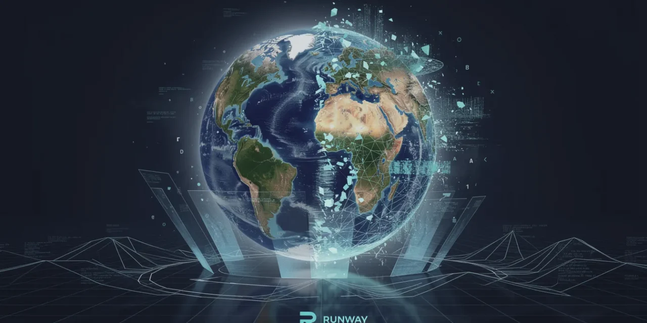 A photorealistic floating Earth sphere in the center, half rendered as solid photographic reality and half dissolving into glowing cyan wireframe mesh and flowing data particles, suspended in a dark navy blue void with dramatic rim lighting creating a halo effect around the globe, transparent holographic projection beams emanating from below suggesting the world is being generated or simulated, small Runway company logo subtly embedded in the lower corner glowing softly, digital grid lines and geometric patterns flowing through space around the sphere, some continents appearing as high-detail photography while others fragment into luminous blue and white data streams and polygonal structures, clean minimalist composition with the sphere dominating the frame, cinematic lighting with strong contrast between deep shadows and bright electric blue highlights, suggesting artificial intelligence constructing or modeling reality itself, ultra-detailed 8K rendering with a sleek modern tech aesthetic, particles of light and code floating in the atmosphere, the boundary between real and simulated reality visibly blurring and peeling away in layers, professional corporate futuristic style with dramatic visual impact