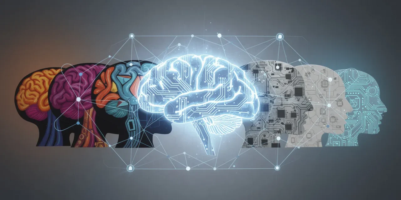 A striking minimalist composition showing a network of human head silhouettes arranged in a geometric grid pattern, connected by glowing blue circuit lines and neural pathways, the heads gradually transforming from left to right showing diverse colorful organic brain patterns fading into identical monochrome robotic synchronized minds, clean vector style illustration with sharp geometric shapes, cool blue and gray color palette dominating the right side while warm oranges and purples fade out on the left, digital nodes and connection points linking all heads together in a web-like structure, central focal point showing a large wireframe brain with circuit board patterns replacing organic neural networks, background features subtle hexagonal grid pattern suggesting technological infrastructure, dramatic lighting with the AI-synchronized side glowing with cold blue light while the human creativity side dims into shadow, modern corporate tech aesthetic with flat design elements, high contrast between organic curved forms and rigid geometric digital elements, sense of uniformity and loss of individuality, ominous atmosphere suggesting technological conformity overtaking human diversity, ultra-clean professional finish with no text.