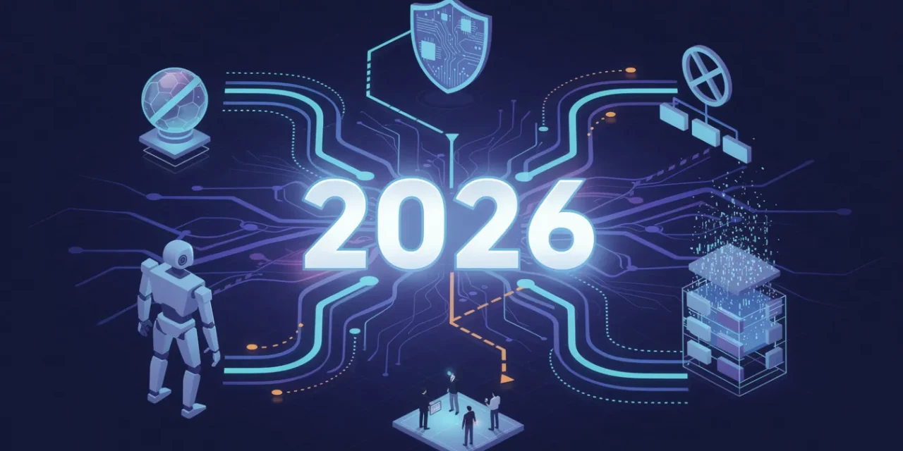A bold, modern cover design featuring a large glowing "2026" at the center with abstract neural network patterns radiating outward in electric blue and purple gradients, surrounded by floating geometric icons including a simplified robot silhouette representing autonomous AI agents, a hierarchical organizational chart with middle layers dissolving into digital particles, a shield with circuit board patterns symbolizing cybersecurity, and a crossed-out crystal ball indicating debunked predictions, all connected by flowing data streams and dotted pathways, set against a deep navy blue background with subtle grid patterns, incorporating isometric design elements and clean lines, with strategic use of bright cyan highlights and warning orange accents on certain pathways, creating depth through layered transparency effects and gradient overlays, professional tech-forward aesthetic with sharp geometric shapes, minimalist composition with strong visual hierarchy leading the eye from bottom to top toward the glowing year, small abstract human figures at the bottom looking up toward the future, atmospheric glow effects around key elements, ultra-detailed vector-style rendering with smooth gradients and precise edges.
