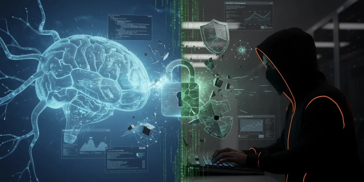 A dramatic split-screen composition showing a tense confrontation between artificial intelligence and human expertise in cybersecurity, left side features a glowing translucent neural network pattern in electric blue and cyan forming an abstract AI entity with circuit-like tendrils reaching toward the center, right side shows a dark silhouette of a hooded cybersecurity professional with subtle orange rim lighting, the center dividing line is formed by cascading streams of green matrix-style code and binary numbers flowing downward, floating between both sides are symbolic elements including a cracked digital padlock, fragmented firewall shields with glitch effects, and holographic network node diagrams, the background is a deep gradient from midnight blue to charcoal black suggesting a corporate server room environment, dramatic spotlighting creates high contrast with the AI side appearing luminous and ethereal while the human side remains shadowy and mysterious, scattered floating elements include terminal command prompts, vulnerability scan results, and abstract data packets, the composition uses a low camera angle looking slightly upward to emphasize the scale of this confrontation, color palette restricted to cyber blue, electric cyan, warning orange, and matrix green against dark backgrounds, photorealistic rendering with sharp details on the technical elements, modern minimalist design with ample negative space in the upper third, the overall mood suggests tension, competition, and the uncertain future of human expertise versus artificial intelligence capabilities in penetration testing and cybersecurity warfare